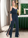 Donna Jumpsuit/Pantsuit V-neck Floor-Length Bridesmaid Dress With Ruffle UKP0013073