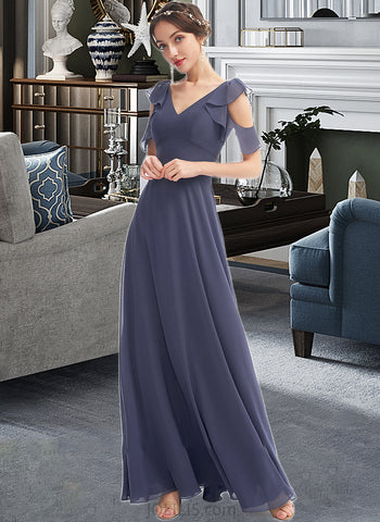 Gia A-Line V-neck Floor-Length Bridesmaid Dress With Ruffle UKP0013074