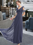 Gia A-Line V-neck Floor-Length Bridesmaid Dress With Ruffle UKP0013074