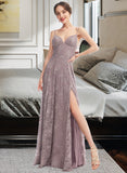 Makenzie A-Line V-neck Floor-Length Bridesmaid Dress With Split Front UKP0013075