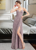 Makenzie A-Line V-neck Floor-Length Bridesmaid Dress With Split Front UKP0013075