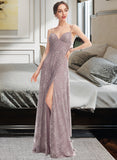 Makenzie A-Line V-neck Floor-Length Bridesmaid Dress With Split Front UKP0013075