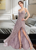 Makenzie A-Line V-neck Floor-Length Bridesmaid Dress With Split Front UKP0013075