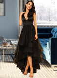 Noelle Ball-Gown/Princess V-neck Asymmetrical Tulle Bridesmaid Dress With Beading UKP0013077