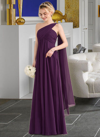 Courtney A-line One Shoulder Floor-Length Chiffon Bridesmaid Dress With Ruffle UKP0013078