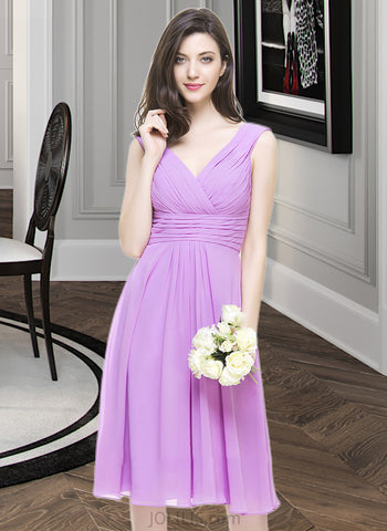 Alicia A-Line V-neck Knee-Length Chiffon Bridesmaid Dress With Ruffle UKP0013081