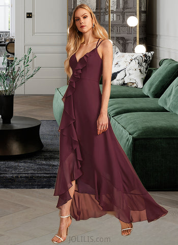 Ally A-Line V-neck Asymmetrical Bridesmaid Dress With Ruffle Split Front UKP0013082