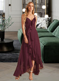 Ally A-Line V-neck Asymmetrical Bridesmaid Dress With Ruffle Split Front UKP0013082