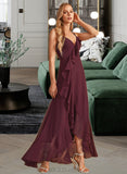 Ally A-Line V-neck Asymmetrical Bridesmaid Dress With Ruffle Split Front UKP0013082