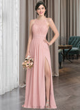 Jennifer A-Line Scoop Neck Floor-Length Chiffon Lace Bridesmaid Dress With Ruffle Split Front UKP0013089