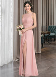 Jennifer A-Line Scoop Neck Floor-Length Chiffon Lace Bridesmaid Dress With Ruffle Split Front UKP0013089