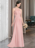 Jennifer A-Line Scoop Neck Floor-Length Chiffon Lace Bridesmaid Dress With Ruffle Split Front UKP0013089