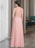 Jennifer A-Line Scoop Neck Floor-Length Chiffon Lace Bridesmaid Dress With Ruffle Split Front UKP0013089