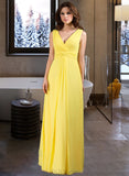 Cora A-Line V-neck Wrapped Bodice Floor-length Chiffon Bridesmaid Dress UKP0013093