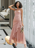 Jaylee Trumpet/Mermaid V-neck Asymmetrical Bridesmaid Dress With Ruffle UKP0013094