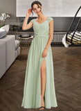 Julianne A-Line V-neck Floor-Length Bridesmaid Dress With Lace Split Front UKP0013096