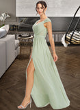 Julianne A-Line V-neck Floor-Length Bridesmaid Dress With Lace Split Front UKP0013096