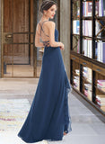 Anastasia A-Line V-neck Floor-Length Bridesmaid Dress With Ruffle Split Front UKP0013097