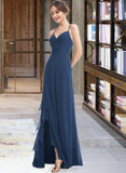 Anastasia A-Line V-neck Floor-Length Bridesmaid Dress With Ruffle Split Front UKP0013097