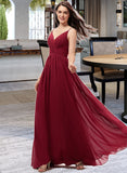 Rosemary A-Line V-neck Floor-Length Chiffon Bridesmaid Dress With Ruffle Lace UKP0013098