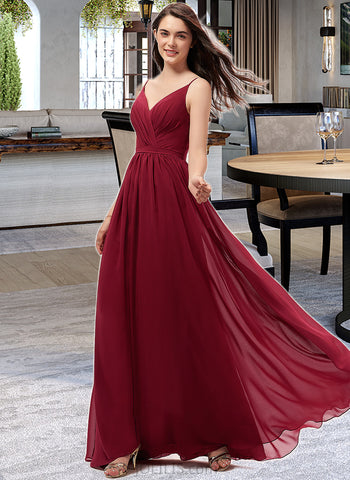 Rosemary A-Line V-neck Floor-Length Chiffon Bridesmaid Dress With Ruffle Lace UKP0013098