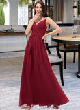 Rosemary A-Line V-neck Floor-Length Chiffon Bridesmaid Dress With Ruffle Lace UKP0013098