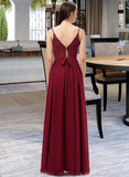 Rosemary A-Line V-neck Floor-Length Chiffon Bridesmaid Dress With Ruffle Lace UKP0013098