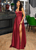 Tanya A-Line V-neck Floor-Length Satin Bridesmaid Dress With Split Front Pockets UKP0013100