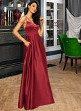 Tanya A-Line V-neck Floor-Length Satin Bridesmaid Dress With Split Front Pockets UKP0013100