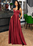 Tanya A-Line V-neck Floor-Length Satin Bridesmaid Dress With Split Front Pockets UKP0013100