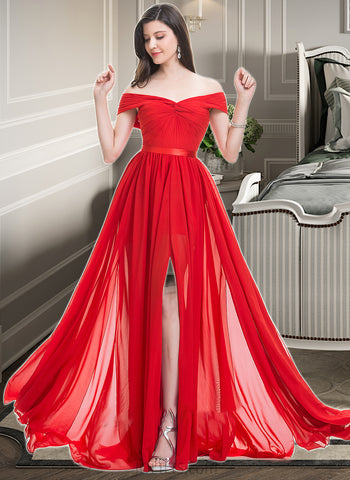 Serenity A-Line Off-the-Shoulder Sweep Train Chiffon Bridesmaid Dress With Ruffle Split Front UKP0013102