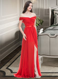 Serenity A-Line Off-the-Shoulder Sweep Train Chiffon Bridesmaid Dress With Ruffle Split Front UKP0013102