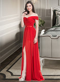 Serenity A-Line Off-the-Shoulder Sweep Train Chiffon Bridesmaid Dress With Ruffle Split Front UKP0013102