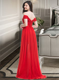 Serenity A-Line Off-the-Shoulder Sweep Train Chiffon Bridesmaid Dress With Ruffle Split Front UKP0013102