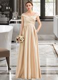 Charlie A-Line Off-the-Shoulder Floor-Length Satin Bridesmaid Dress With Ruffle Pockets UKP0013104