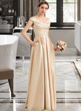 Charlie A-Line Off-the-Shoulder Floor-Length Satin Bridesmaid Dress With Ruffle Pockets UKP0013104