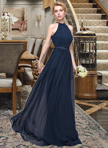 Jaylynn A-Line/Princess Scoop Neck Floor-Length Chiffon Bridesmaid Dress With Ruffle UKP0013105