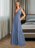 Keyla A-Line V-neck Floor-Length Bridesmaid Dress With Pockets UKP0013108