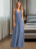 Keyla A-Line V-neck Floor-Length Bridesmaid Dress With Pockets UKP0013108