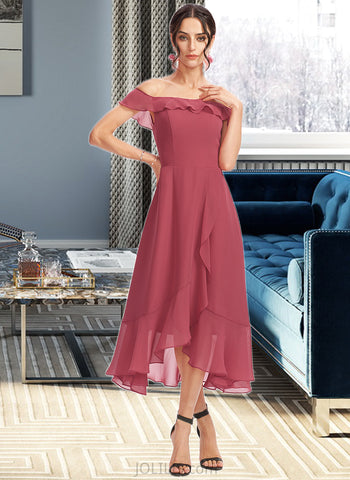 Carolina A-Line Off-the-Shoulder Tea-Length Bridesmaid Dress With Cascading Ruffles UKP0013110