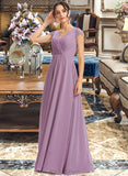 Savannah A-Line V-neck Floor-Length Bridesmaid Dress With Lace UKP0013111