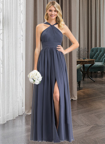 Leslie A-Line V-neck Floor-Length Chiffon Bridesmaid Dress With Ruffle Split Front UKP0013112