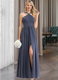 Leslie A-Line V-neck Floor-Length Chiffon Bridesmaid Dress With Ruffle Split Front UKP0013112