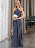 Leslie A-Line V-neck Floor-Length Chiffon Bridesmaid Dress With Ruffle Split Front UKP0013112