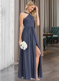 Leslie A-Line V-neck Floor-Length Chiffon Bridesmaid Dress With Ruffle Split Front UKP0013112