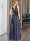 Leslie A-Line V-neck Floor-Length Chiffon Bridesmaid Dress With Ruffle Split Front UKP0013112