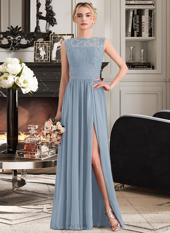 Valerie A-Line Scoop Neck Floor-Length Chiffon Lace Bridesmaid Dress With Split Front UKP0013114