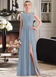 Valerie A-Line Scoop Neck Floor-Length Chiffon Lace Bridesmaid Dress With Split Front UKP0013114