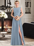 Valerie A-Line Scoop Neck Floor-Length Chiffon Lace Bridesmaid Dress With Split Front UKP0013114