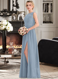 Valerie A-Line Scoop Neck Floor-Length Chiffon Lace Bridesmaid Dress With Split Front UKP0013114